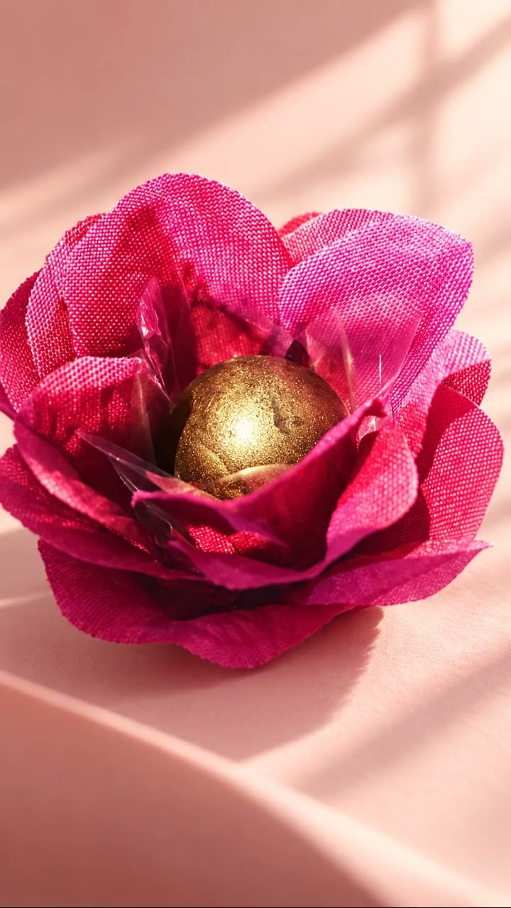 Estudo visual de bombom dourado em uma flor de papel rosa