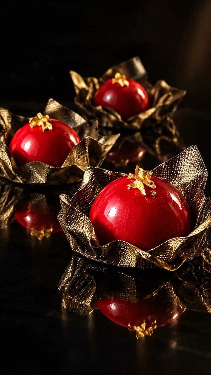 Estudo visual de bombons vermelhos refletidos sobre uma base escura