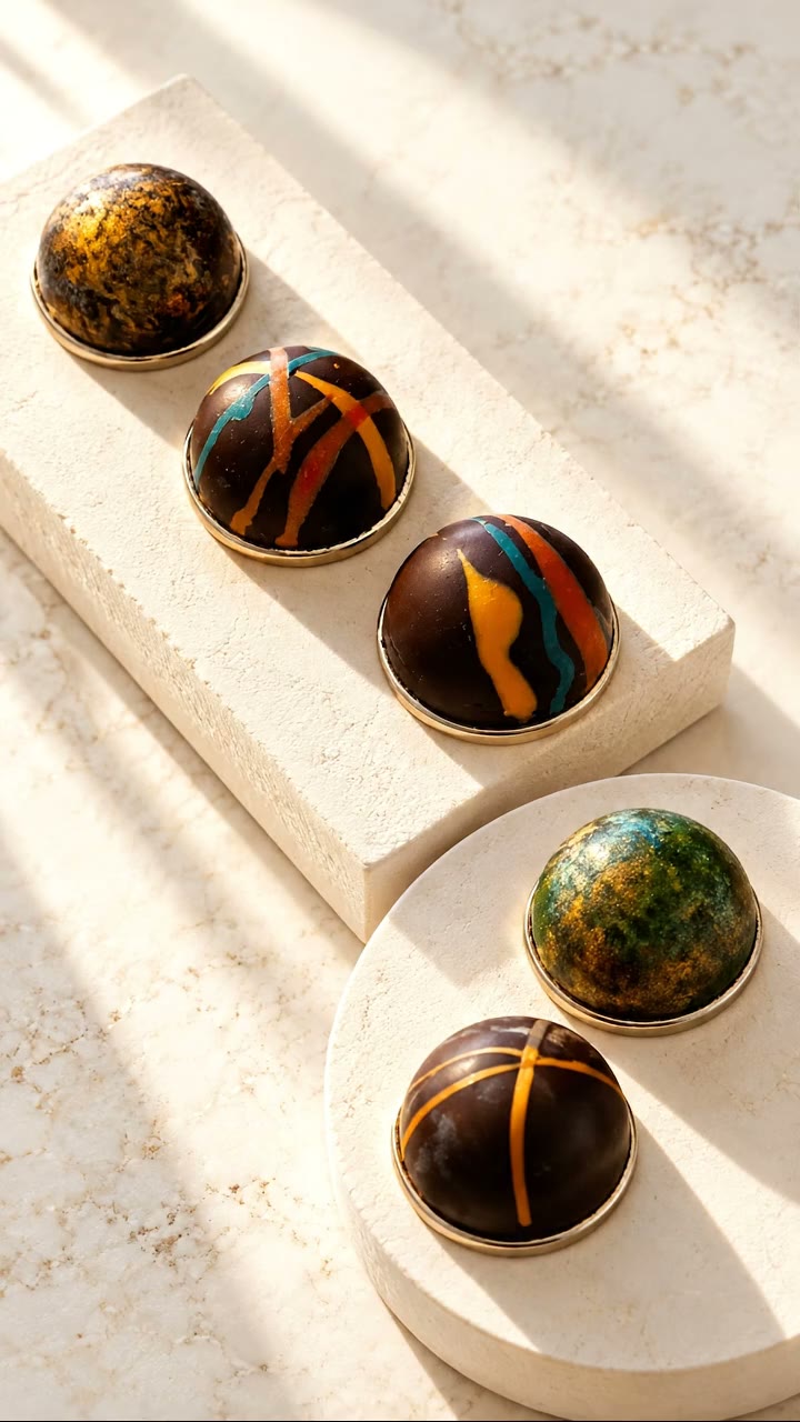 Estudo visual de bombons pintados sobre uma composição clara